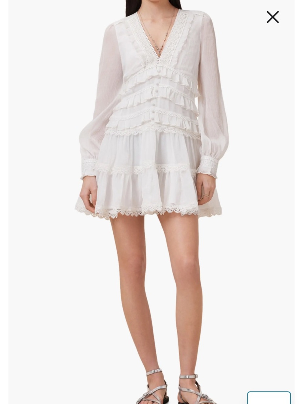 AllSaints White Lace Tiered V-Neck Mini Dress